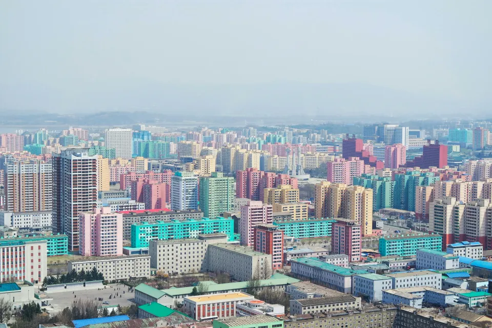 Vibrant building clusters in north korea, representing cryptocurrency security and hacking threats.